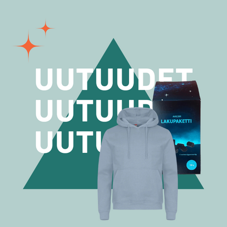 "Uutuudet". Uutuudet kansikuva clique miami hoody-hupparilla pehmeän sinisessä värissä ja lakupaketilla