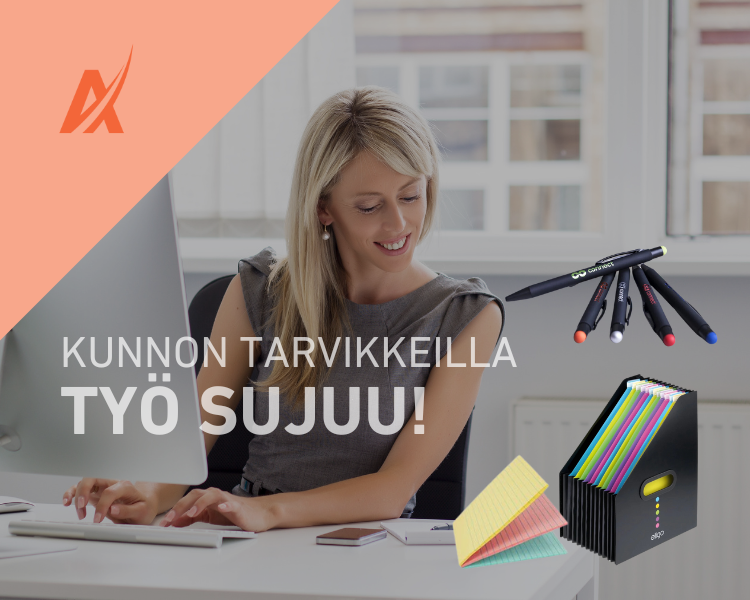 "Kunnon tarvikkeilla työ sujuu!". Avecor toimistotarvikkeet kategorian kansikuva, jossa pöytälajittelija A4, viestilappikuutio (90kpl - 3 pastelliväriä) sekä palermo touch-kuulakärkikynä